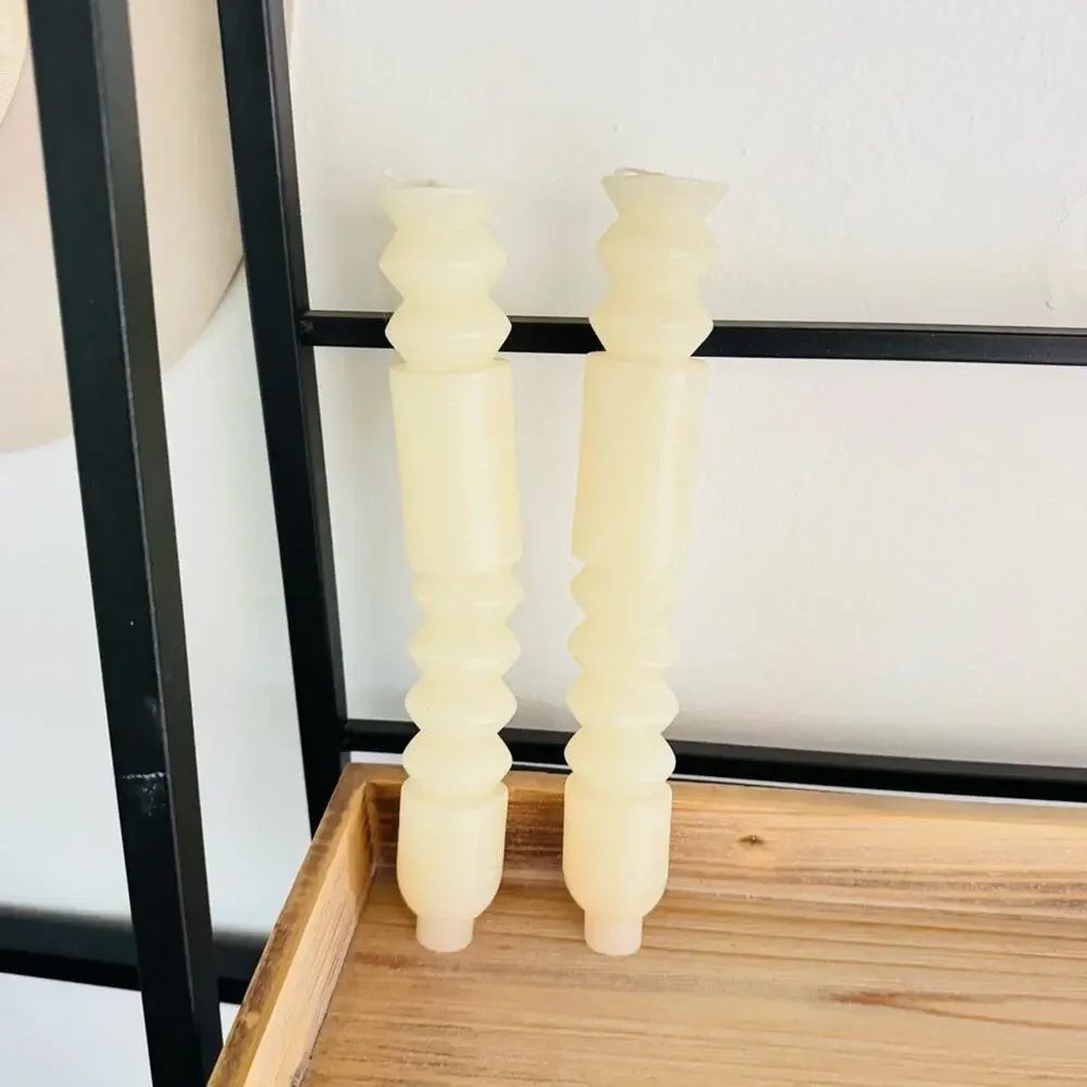 NEW ANTHROPOLOGIE Creamy White 10” Boho Paraffin Wax Taper Candle Sticks S/2